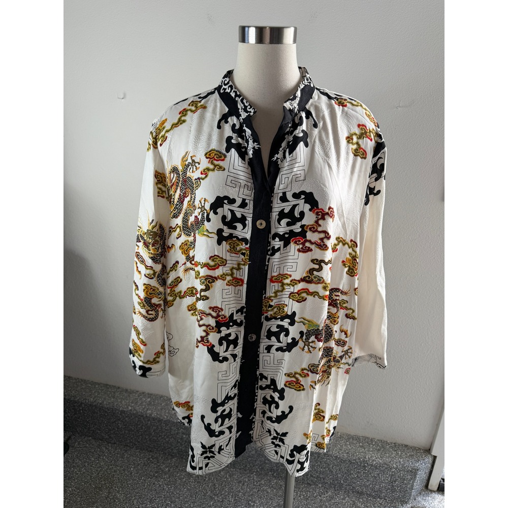 Citron Santa Monica Womens Plus 2X 100% Silk Dragon Print Blouse Long Sleeve